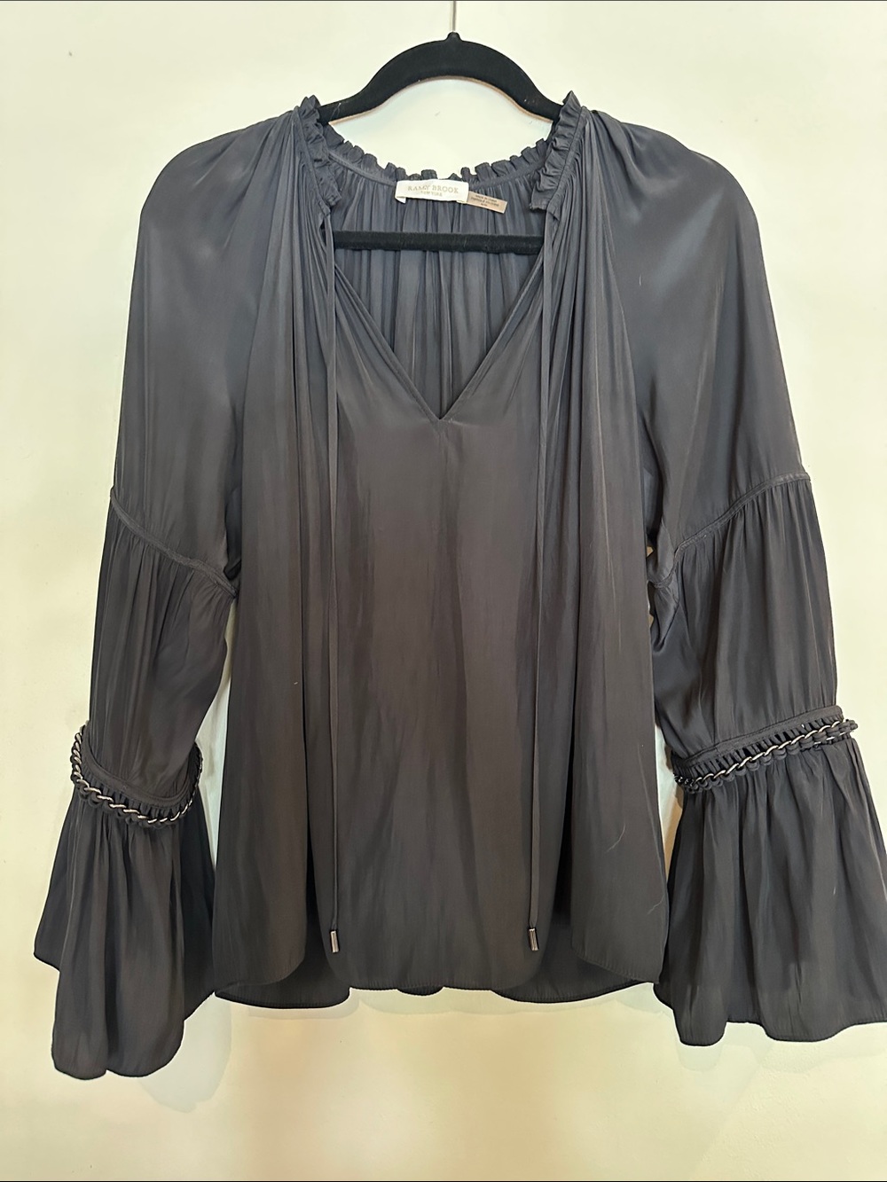 Ramy Brook Black V-Neck Tie-Front Bell Sleeve Blouse